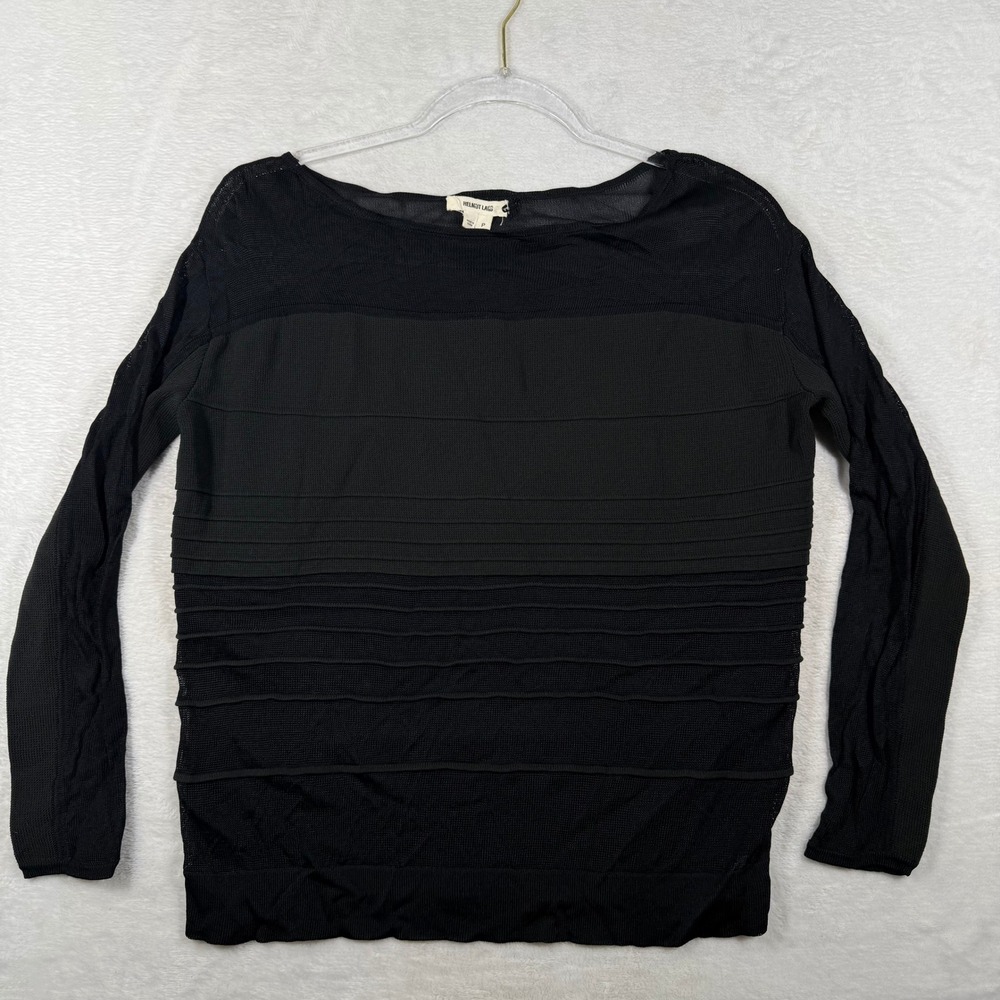 Helmut Lang Black Textured Ribbed Knit Boat Neck Top E02HW707 Size P